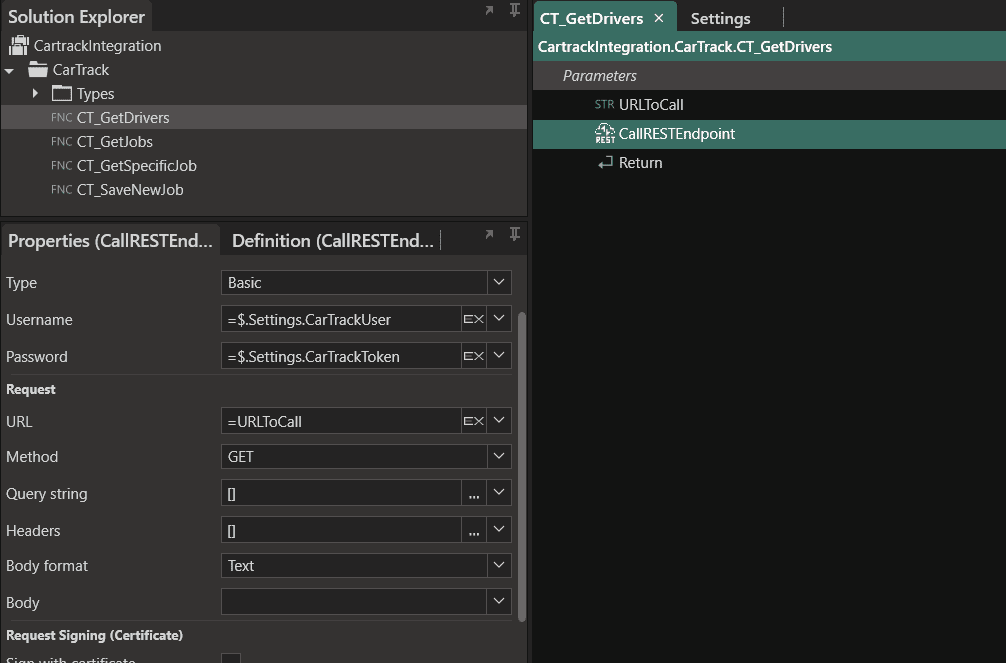Sample screenshot of calling the Cartrack Fleet API with Linx